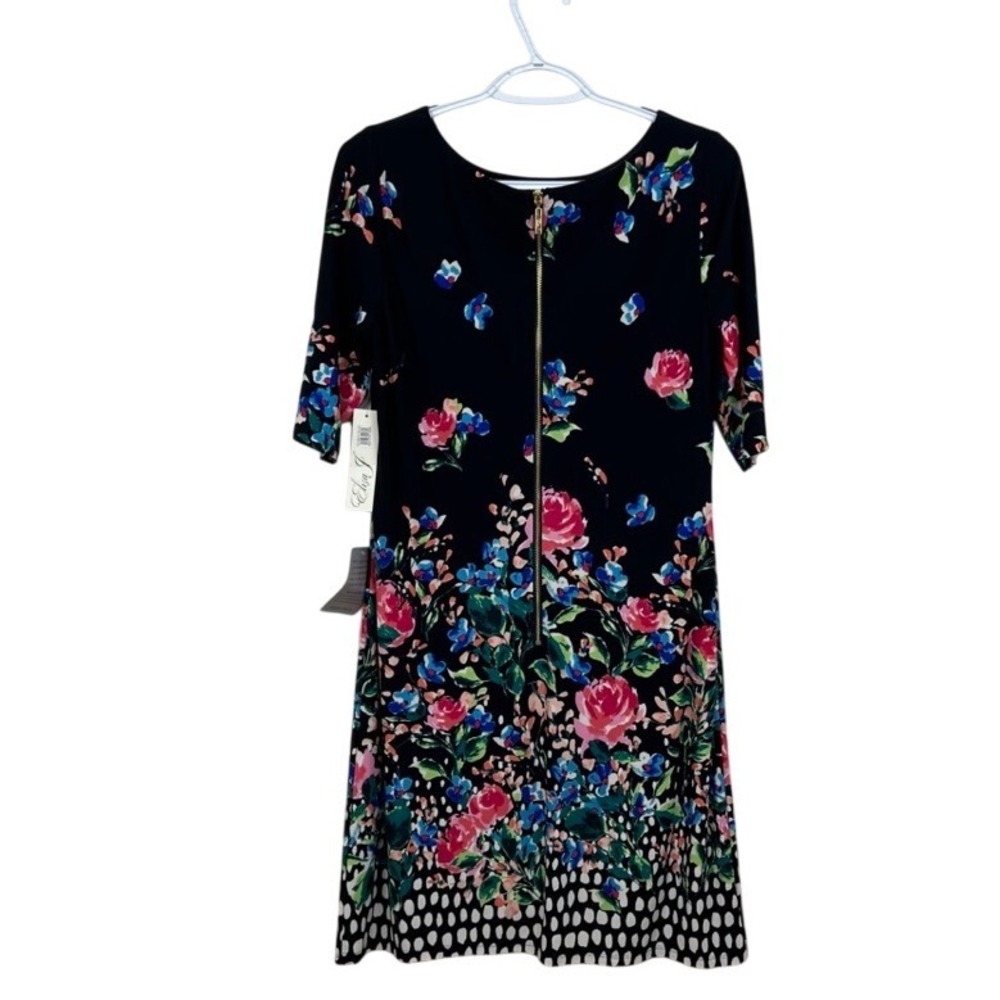 Eliza J Navy Floral Polka Dot Shift Dress Gold Zip Back Size 6 NWT - Picture 3 of 11